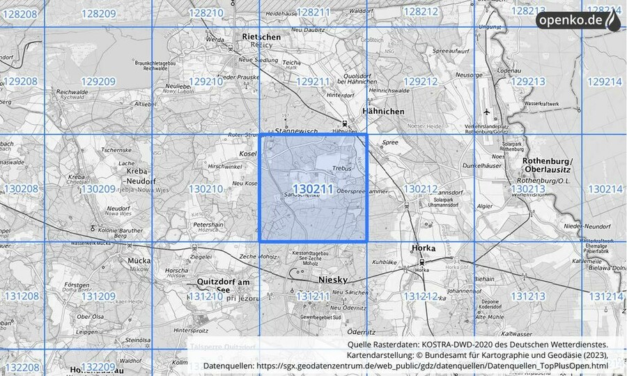 Übersichtskarte des KOSTRA-DWD-2020-Rasterfeldes Nr. 130211