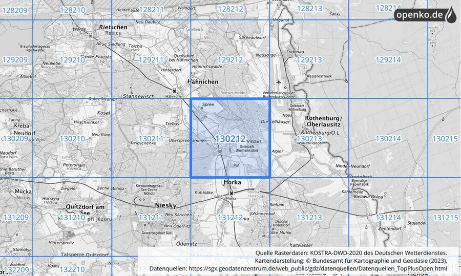 Übersichtskarte des KOSTRA-DWD-2020-Rasterfeldes Nr. 130212