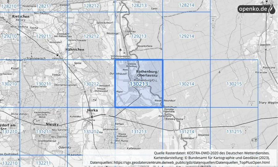 Übersichtskarte des KOSTRA-DWD-2020-Rasterfeldes Nr. 130213