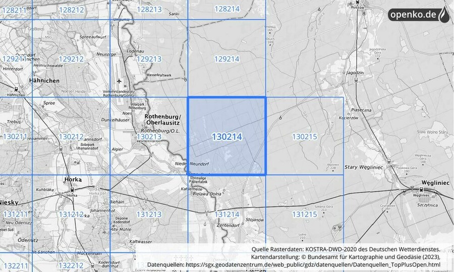 Übersichtskarte des KOSTRA-DWD-2020-Rasterfeldes Nr. 130214