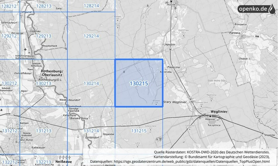 Übersichtskarte des KOSTRA-DWD-2020-Rasterfeldes Nr. 130215