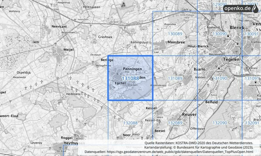 Übersichtskarte des KOSTRA-DWD-2020-Rasterfeldes Nr. 131088