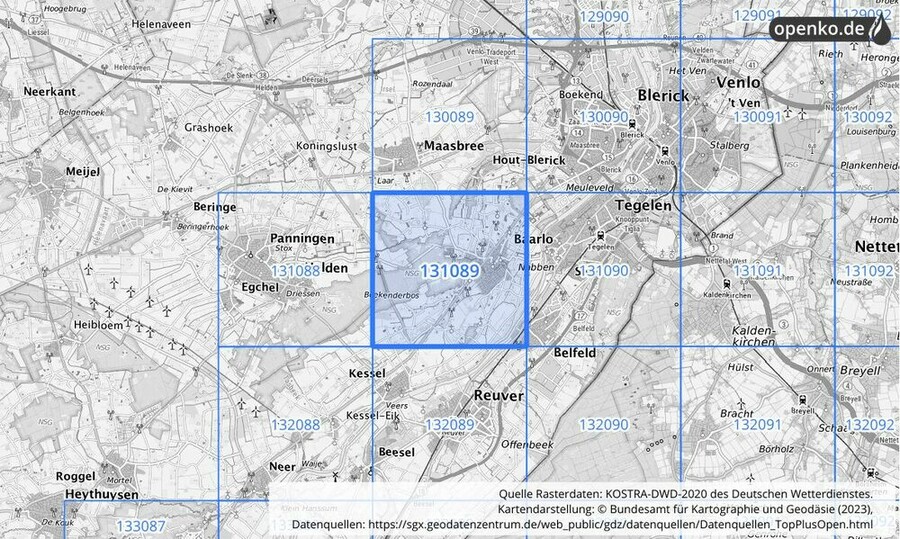 Übersichtskarte des KOSTRA-DWD-2020-Rasterfeldes Nr. 131089