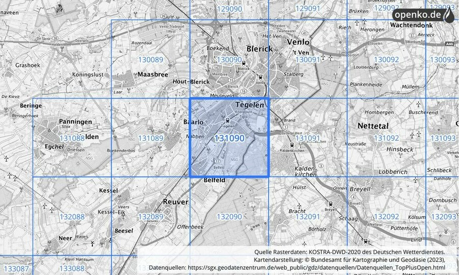 Übersichtskarte des KOSTRA-DWD-2020-Rasterfeldes Nr. 131090