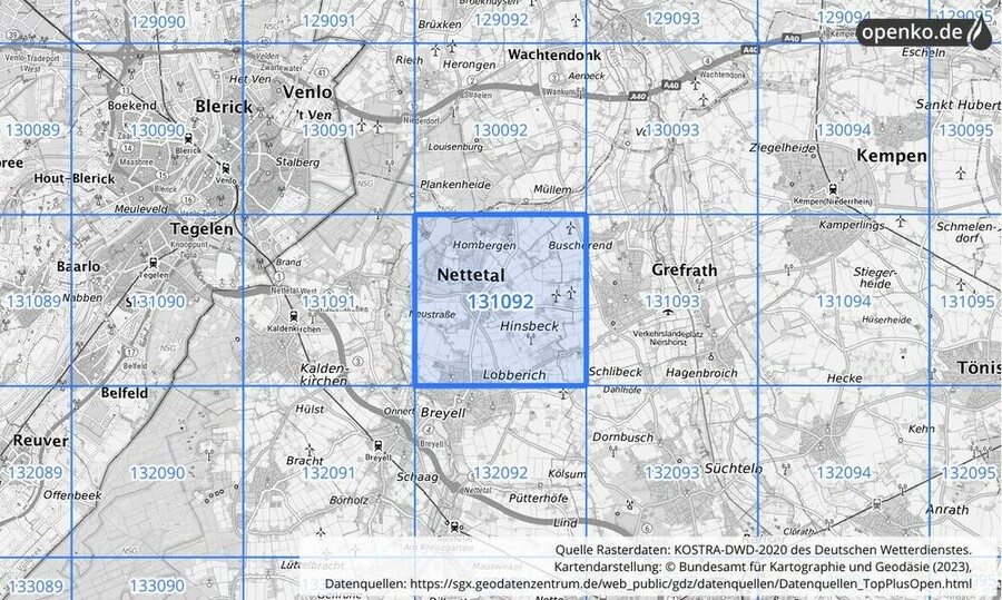 Übersichtskarte des KOSTRA-DWD-2020-Rasterfeldes Nr. 131092