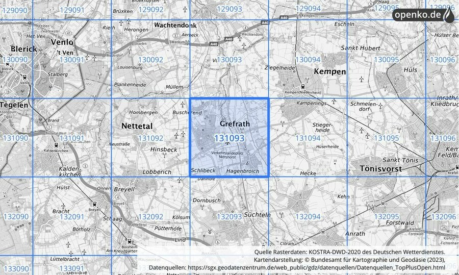 Übersichtskarte des KOSTRA-DWD-2020-Rasterfeldes Nr. 131093