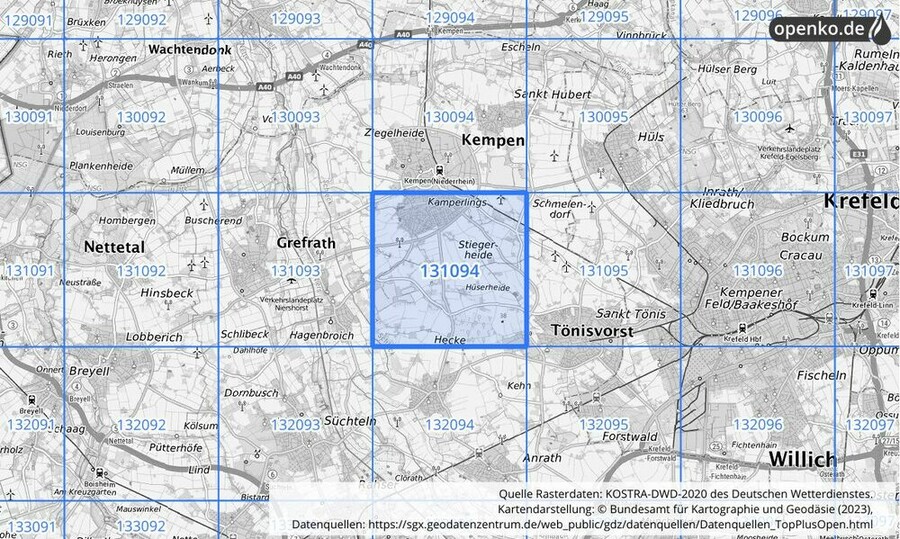 Übersichtskarte des KOSTRA-DWD-2020-Rasterfeldes Nr. 131094