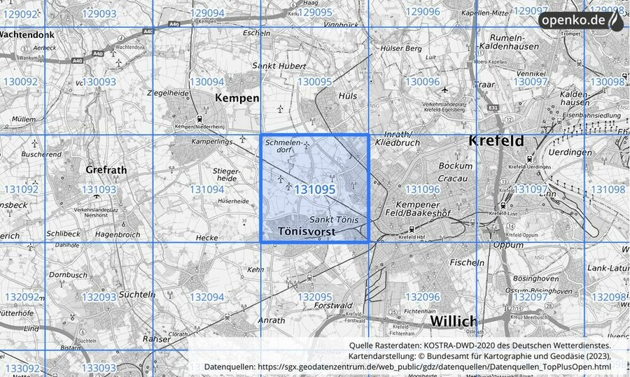 Übersichtskarte des KOSTRA-DWD-2020-Rasterfeldes Nr. 131095