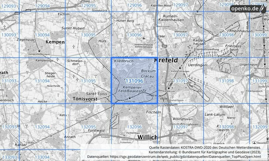 Übersichtskarte des KOSTRA-DWD-2020-Rasterfeldes Nr. 131096