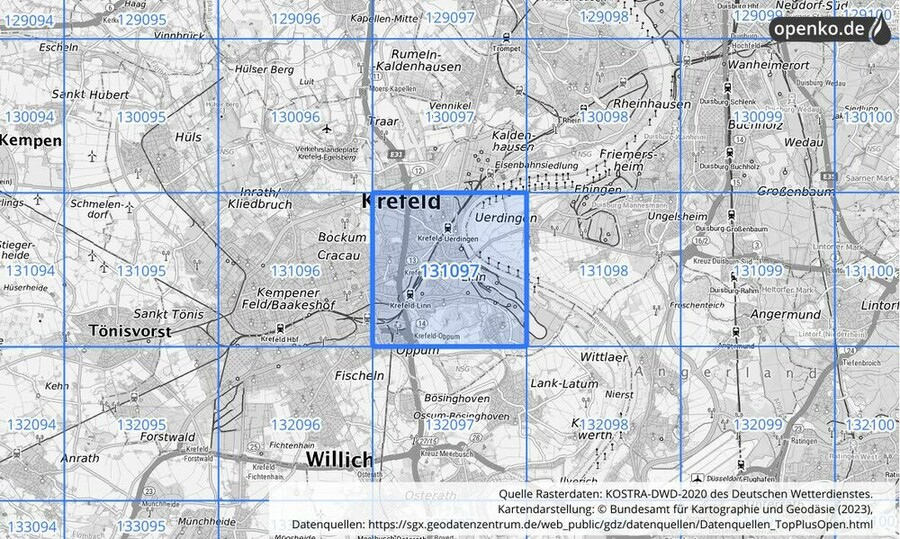 Übersichtskarte des KOSTRA-DWD-2020-Rasterfeldes Nr. 131097