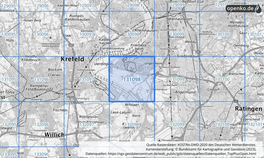 Übersichtskarte des KOSTRA-DWD-2020-Rasterfeldes Nr. 131098