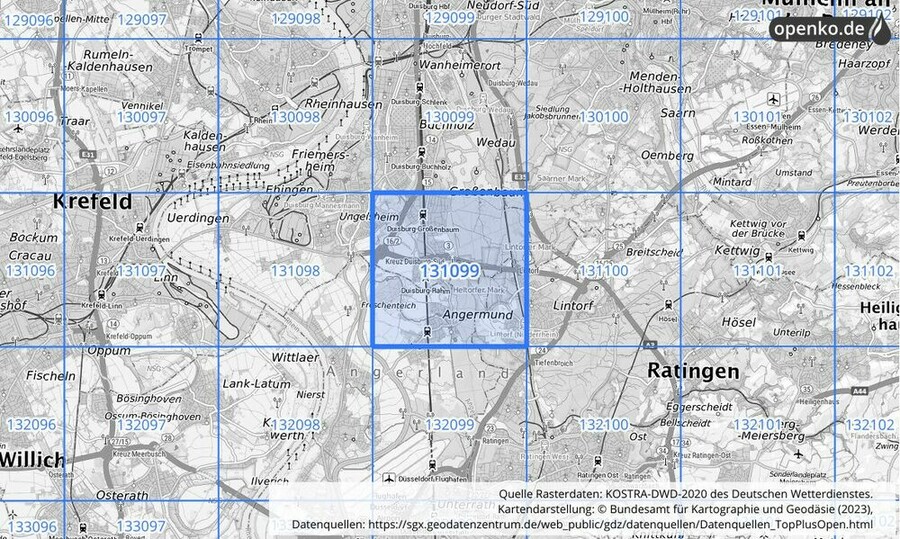 Übersichtskarte des KOSTRA-DWD-2020-Rasterfeldes Nr. 131099