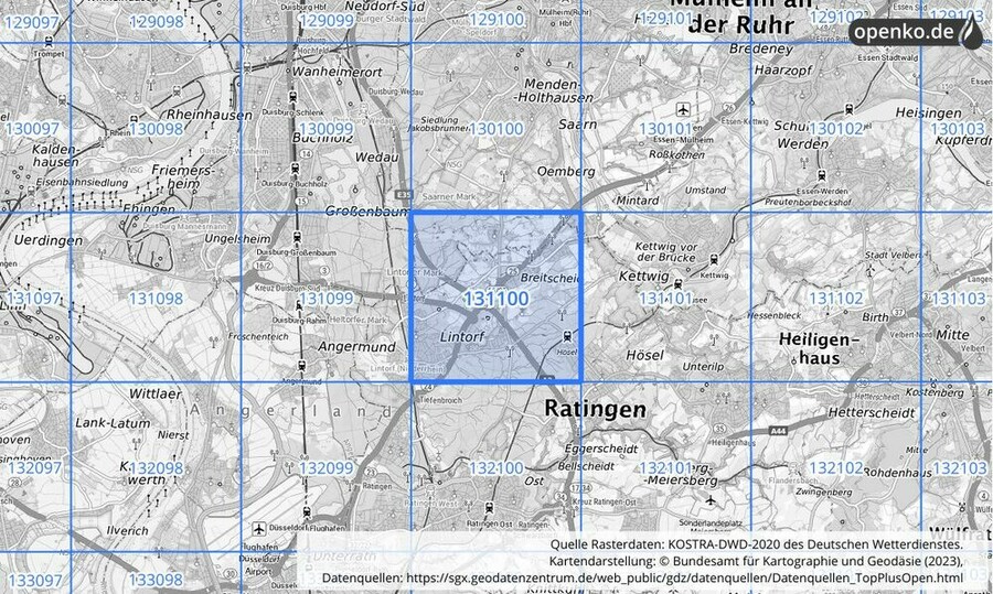 Übersichtskarte des KOSTRA-DWD-2020-Rasterfeldes Nr. 131100