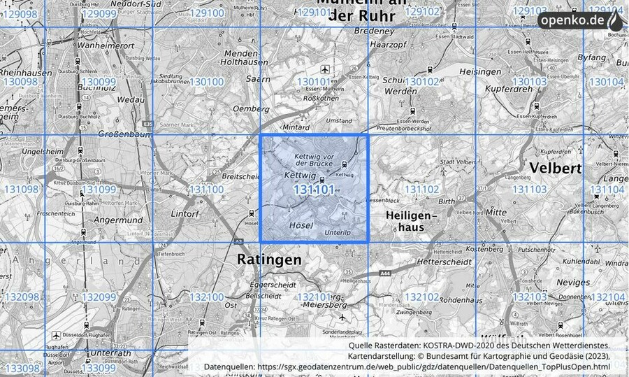 Übersichtskarte des KOSTRA-DWD-2020-Rasterfeldes Nr. 131101