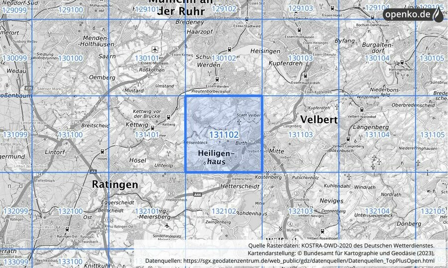 Übersichtskarte des KOSTRA-DWD-2020-Rasterfeldes Nr. 131102