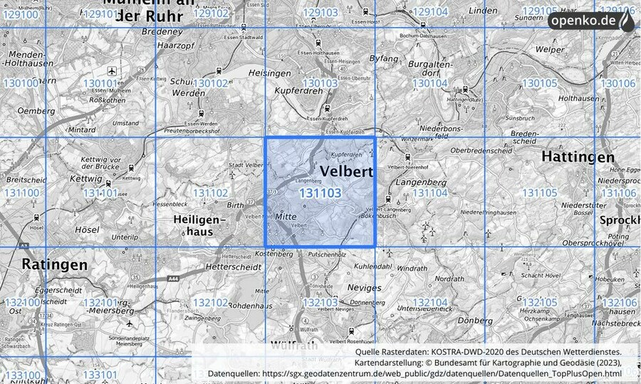 Übersichtskarte des KOSTRA-DWD-2020-Rasterfeldes Nr. 131103