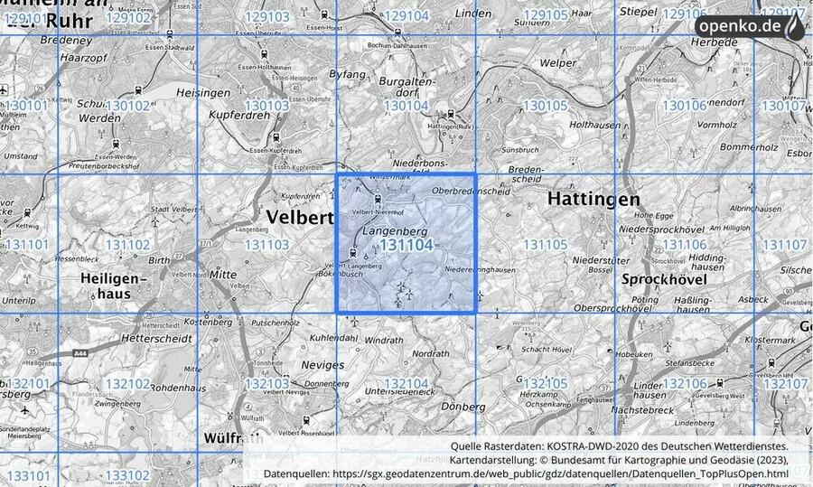 Übersichtskarte des KOSTRA-DWD-2020-Rasterfeldes Nr. 131104