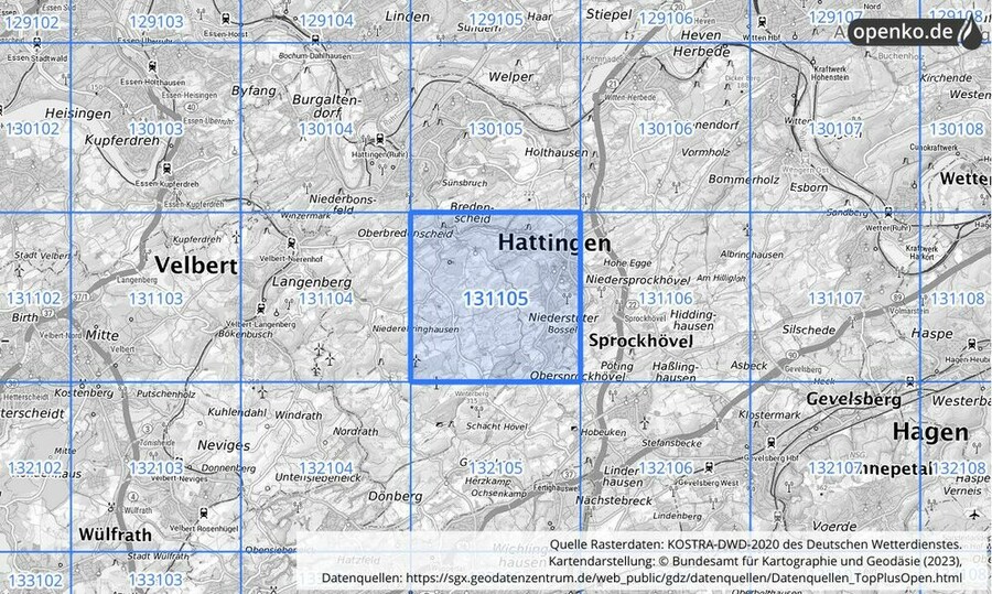 Übersichtskarte des KOSTRA-DWD-2020-Rasterfeldes Nr. 131105