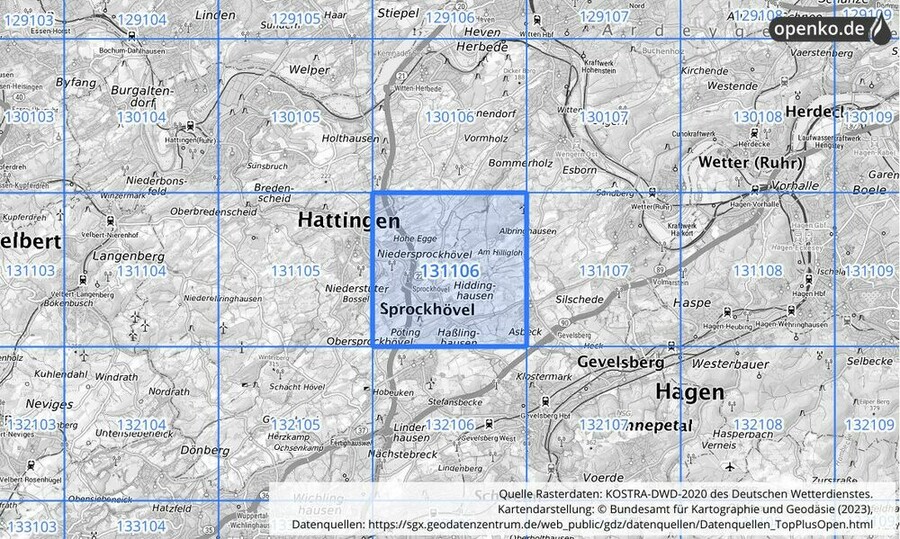 Übersichtskarte des KOSTRA-DWD-2020-Rasterfeldes Nr. 131106