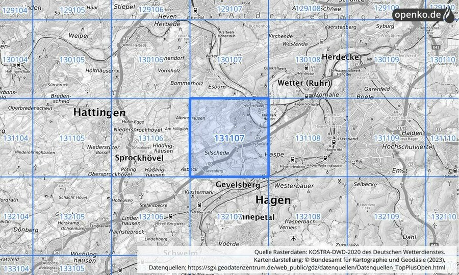 Übersichtskarte des KOSTRA-DWD-2020-Rasterfeldes Nr. 131107