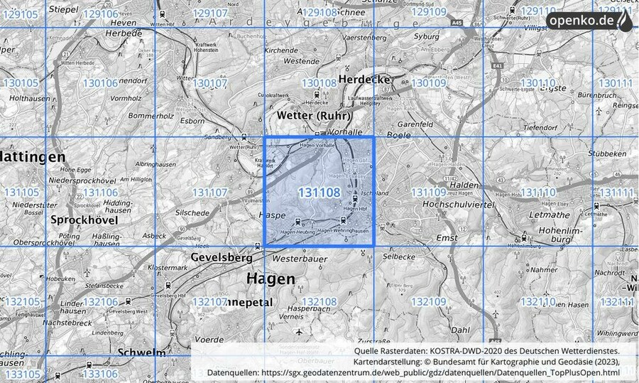 Übersichtskarte des KOSTRA-DWD-2020-Rasterfeldes Nr. 131108