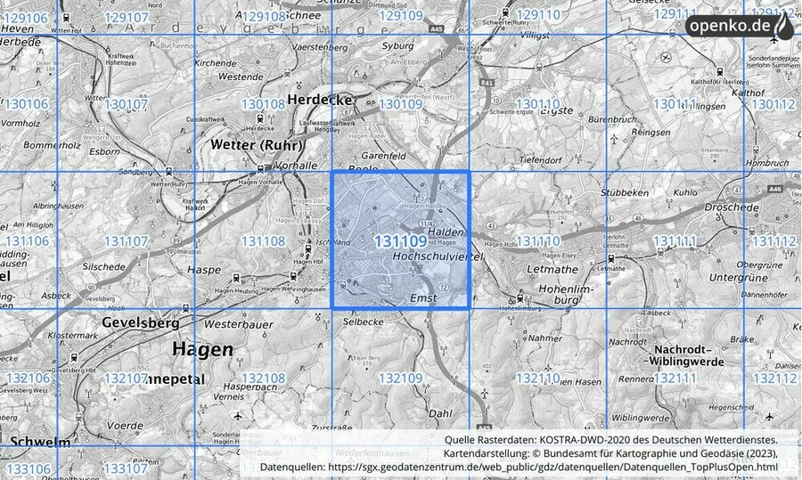 Übersichtskarte des KOSTRA-DWD-2020-Rasterfeldes Nr. 131109