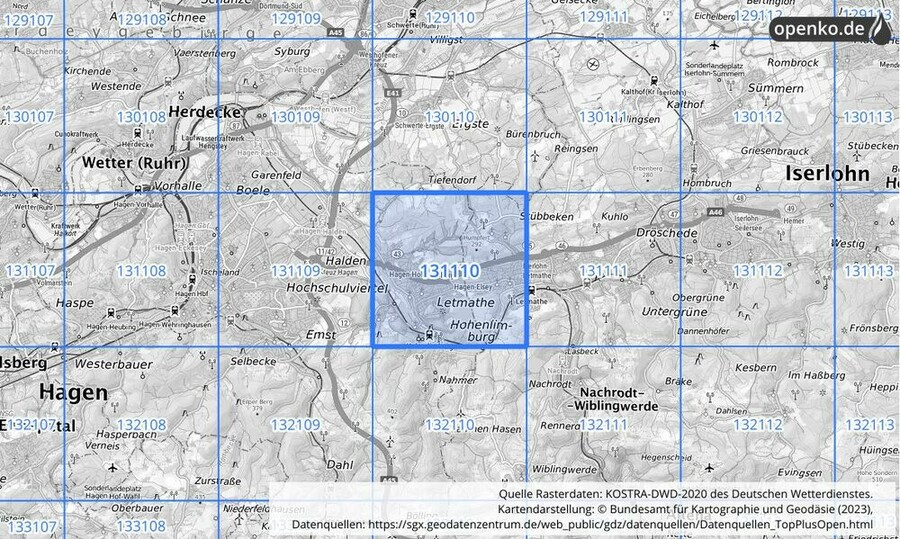 Übersichtskarte des KOSTRA-DWD-2020-Rasterfeldes Nr. 131110