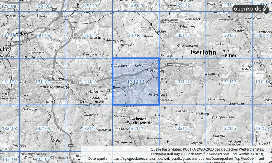 Übersichtskarte des KOSTRA-DWD-2020-Rasterfeldes Nr. 131111