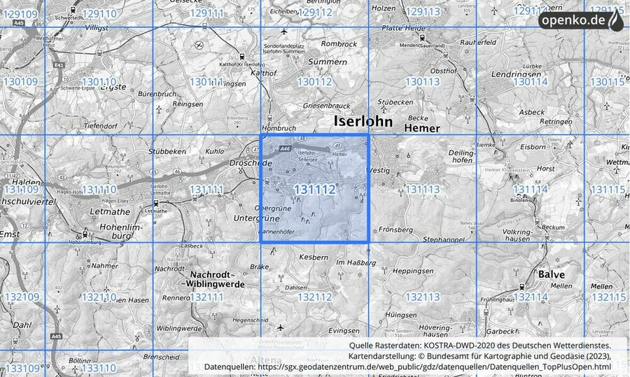 Übersichtskarte des KOSTRA-DWD-2020-Rasterfeldes Nr. 131112