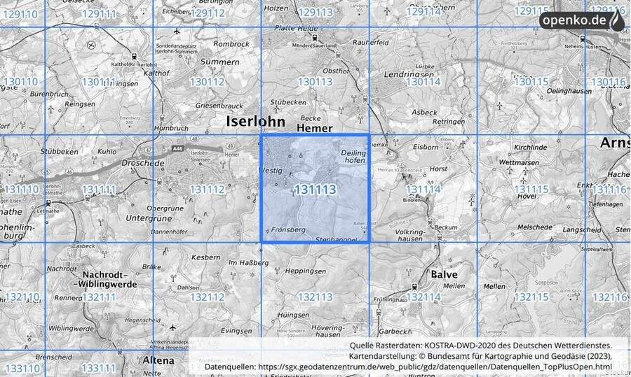 Übersichtskarte des KOSTRA-DWD-2020-Rasterfeldes Nr. 131113