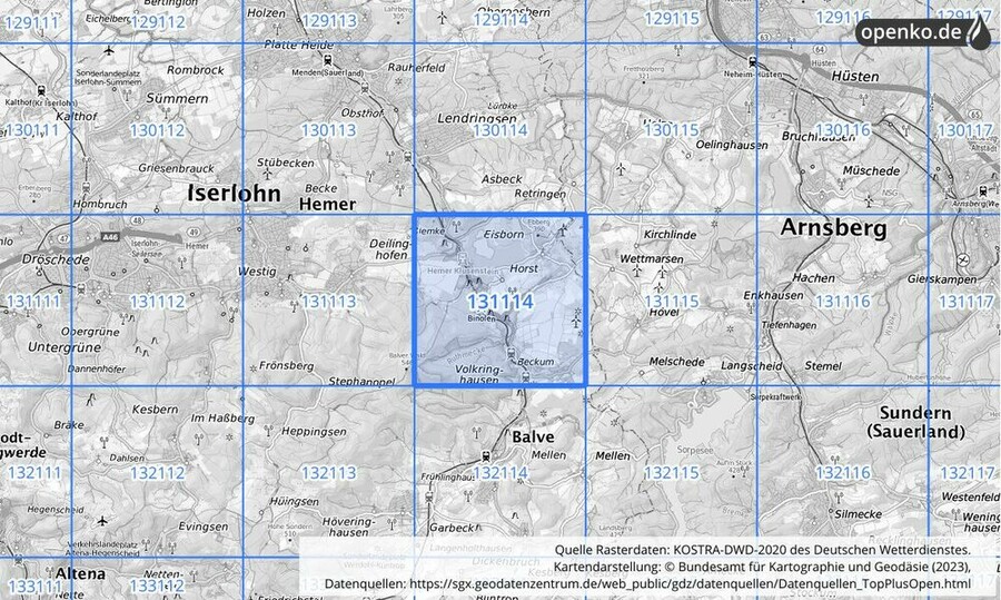 Übersichtskarte des KOSTRA-DWD-2020-Rasterfeldes Nr. 131114