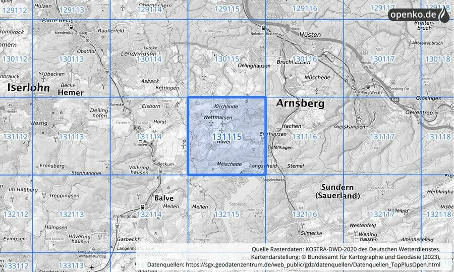 Übersichtskarte des KOSTRA-DWD-2020-Rasterfeldes Nr. 131115