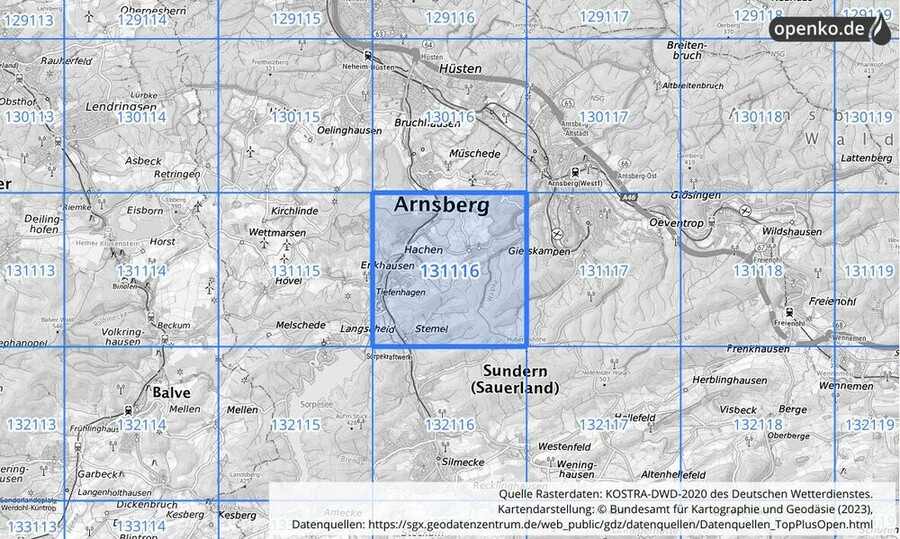 Übersichtskarte des KOSTRA-DWD-2020-Rasterfeldes Nr. 131116