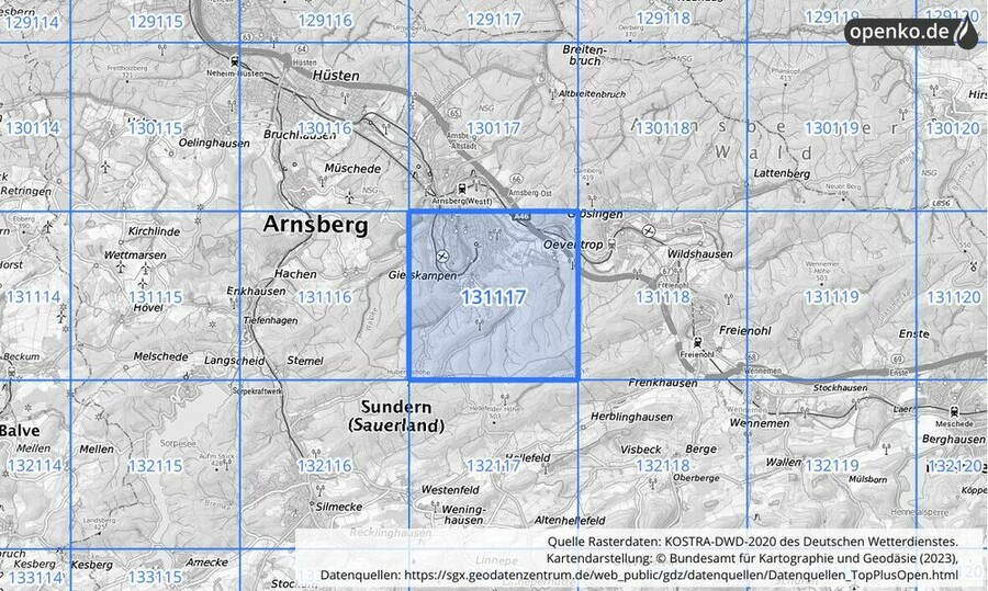 Übersichtskarte des KOSTRA-DWD-2020-Rasterfeldes Nr. 131117