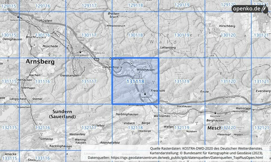 Übersichtskarte des KOSTRA-DWD-2020-Rasterfeldes Nr. 131118