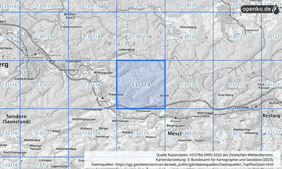 Übersichtskarte des KOSTRA-DWD-2020-Rasterfeldes Nr. 131119