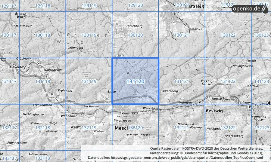 Übersichtskarte des KOSTRA-DWD-2020-Rasterfeldes Nr. 131120