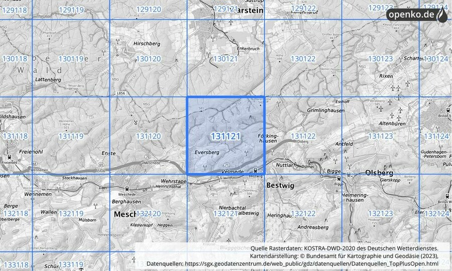 Übersichtskarte des KOSTRA-DWD-2020-Rasterfeldes Nr. 131121