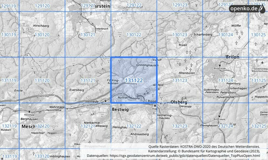 Übersichtskarte des KOSTRA-DWD-2020-Rasterfeldes Nr. 131122