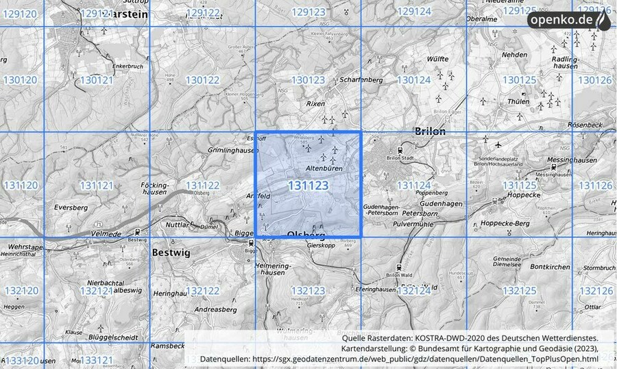 Übersichtskarte des KOSTRA-DWD-2020-Rasterfeldes Nr. 131123