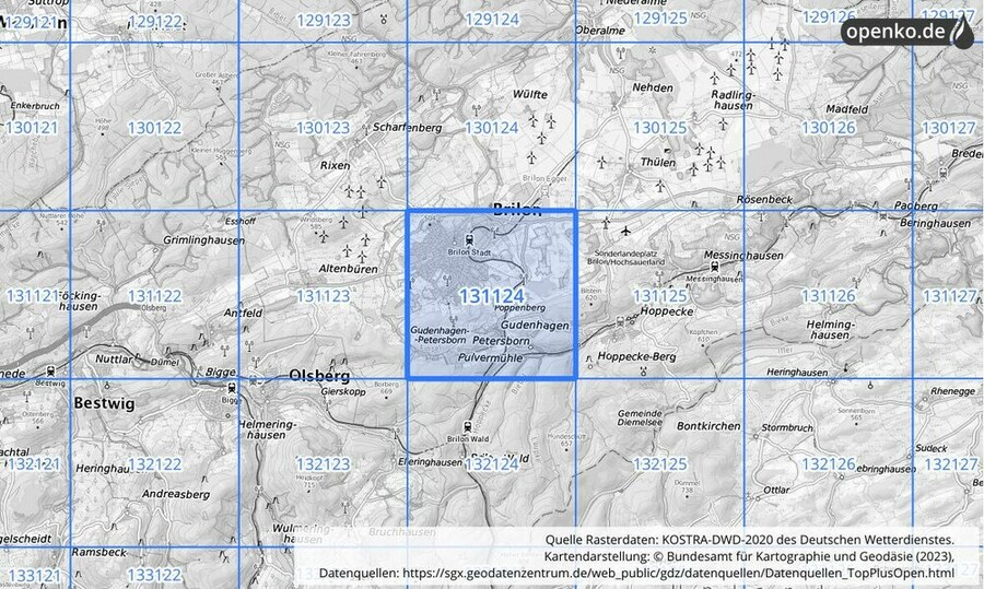 Übersichtskarte des KOSTRA-DWD-2020-Rasterfeldes Nr. 131124