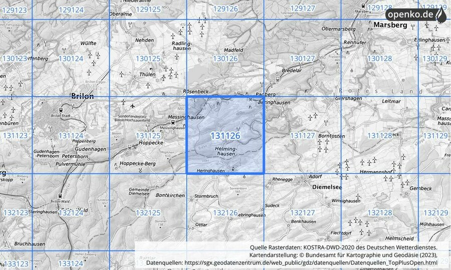 Übersichtskarte des KOSTRA-DWD-2020-Rasterfeldes Nr. 131126