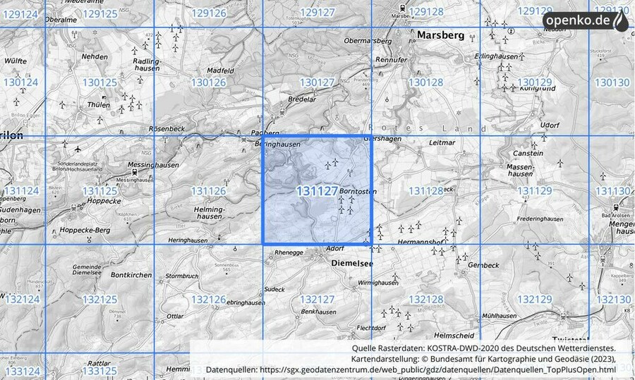 Übersichtskarte des KOSTRA-DWD-2020-Rasterfeldes Nr. 131127