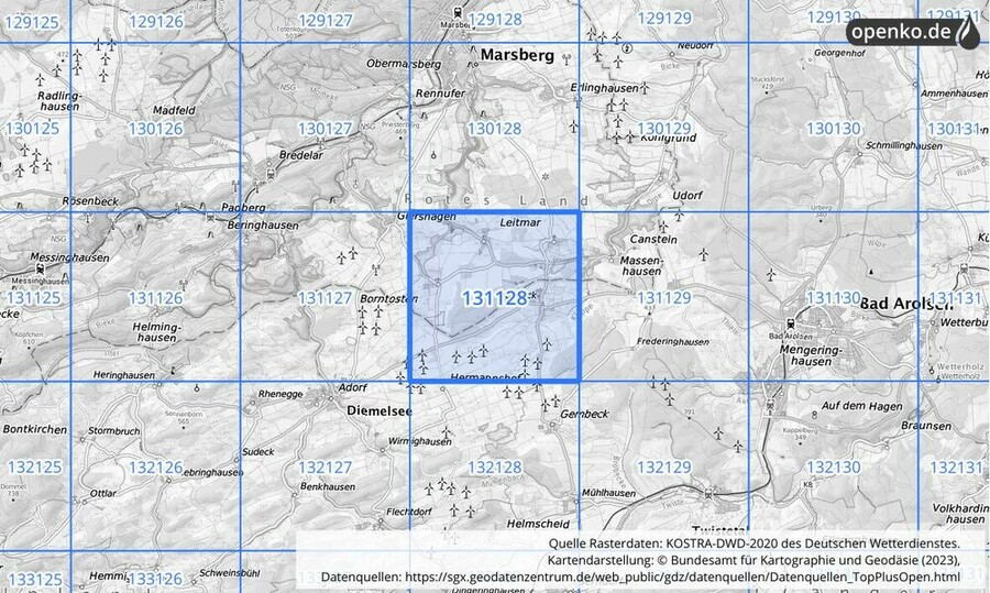 Übersichtskarte des KOSTRA-DWD-2020-Rasterfeldes Nr. 131128