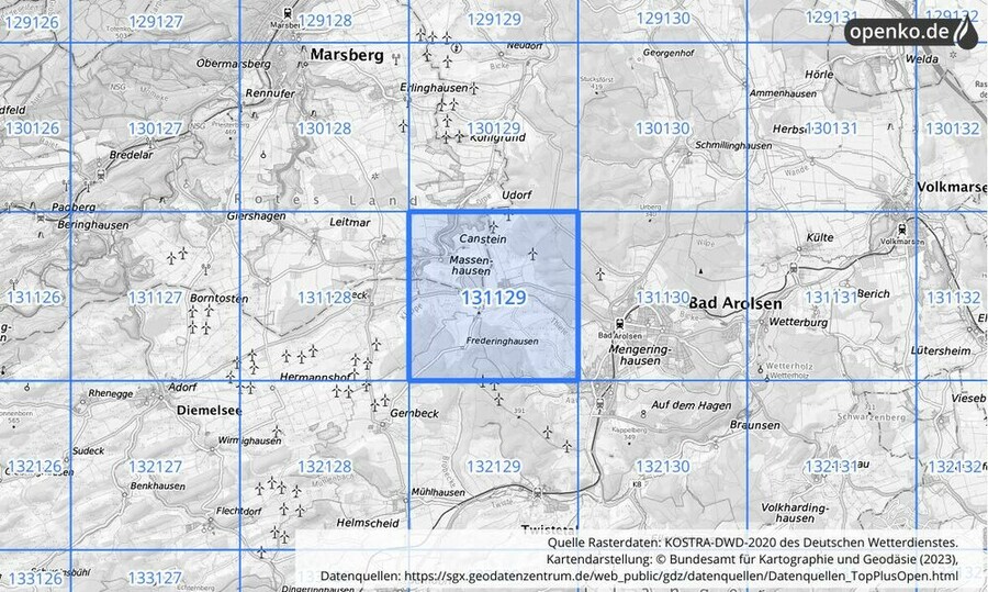 Übersichtskarte des KOSTRA-DWD-2020-Rasterfeldes Nr. 131129