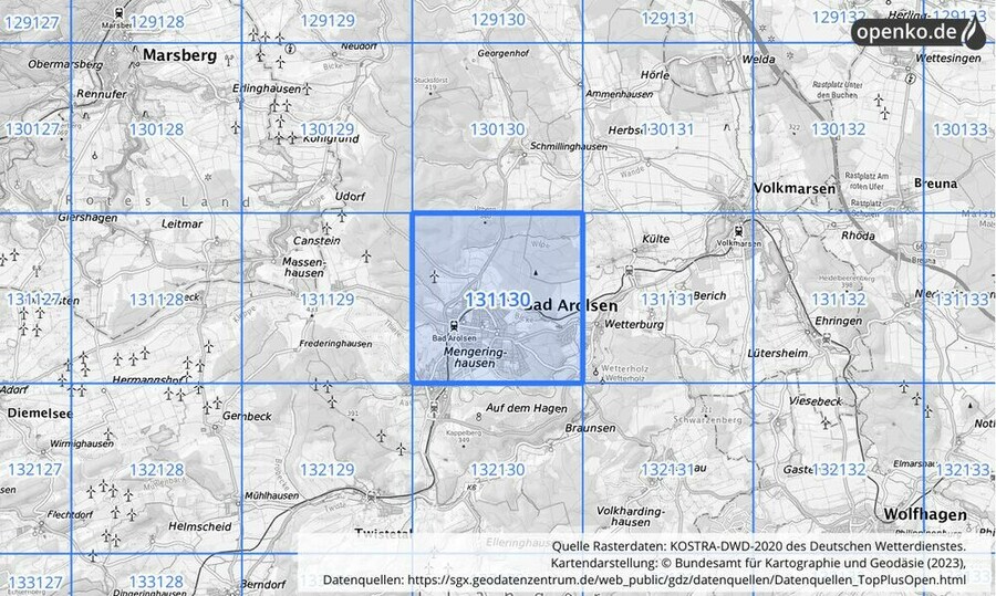 Übersichtskarte des KOSTRA-DWD-2020-Rasterfeldes Nr. 131130