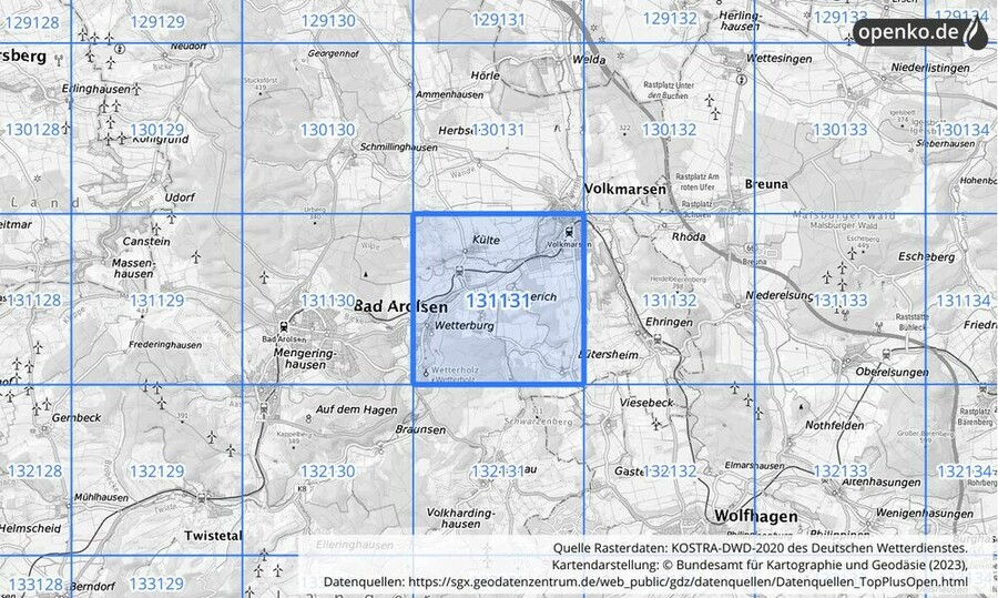 Übersichtskarte des KOSTRA-DWD-2020-Rasterfeldes Nr. 131131