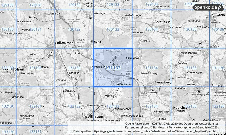 Übersichtskarte des KOSTRA-DWD-2020-Rasterfeldes Nr. 131133