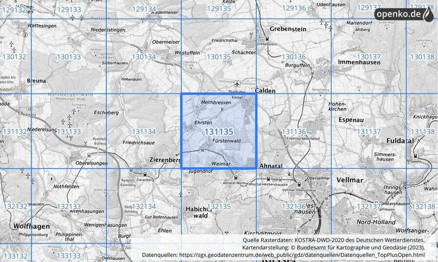 Übersichtskarte des KOSTRA-DWD-2020-Rasterfeldes Nr. 131135