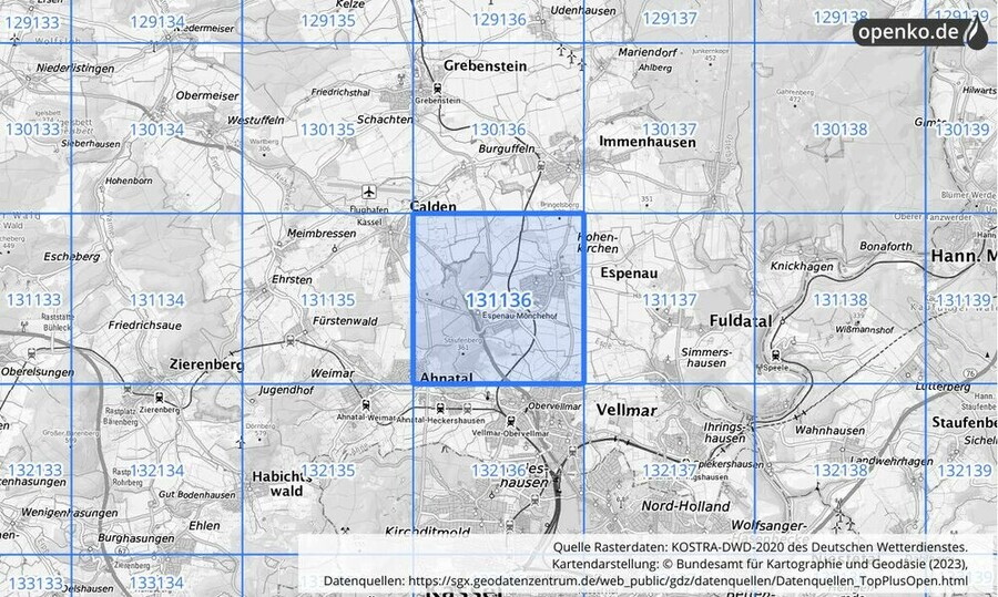 Übersichtskarte des KOSTRA-DWD-2020-Rasterfeldes Nr. 131136